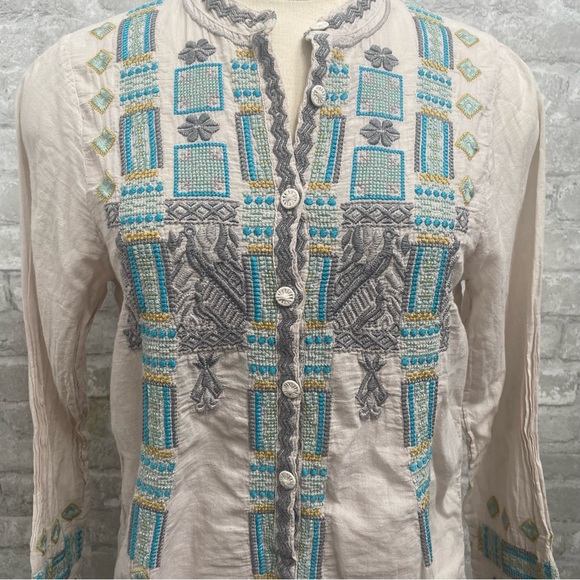 Johnny Was Biya Cream and Blue Mixed Print Long Sleeve Tunic - Picture 8 of 13